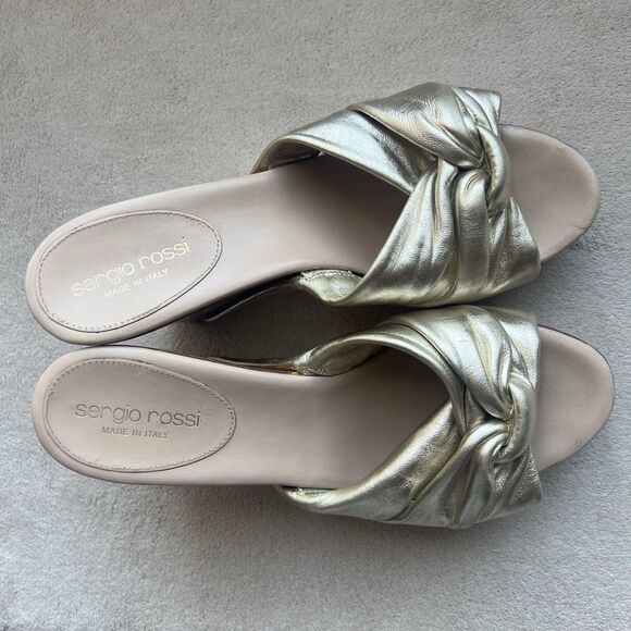Sergio Rossi Metallic Gold Wood Wedge Heeled Sandal Women EU 37.5 US 7.5 Knotted - Picture 8 of 16